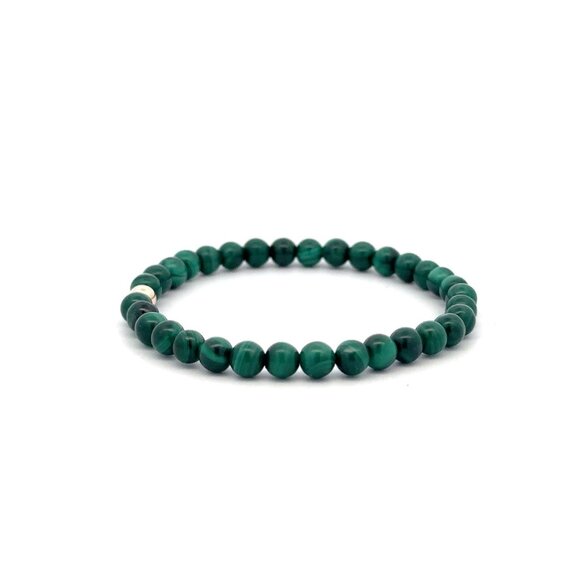 Malachite Gemstone Beaded Stretch Bracelet with 14K Gold Accent Bead Handmade - Picture 3 of 7